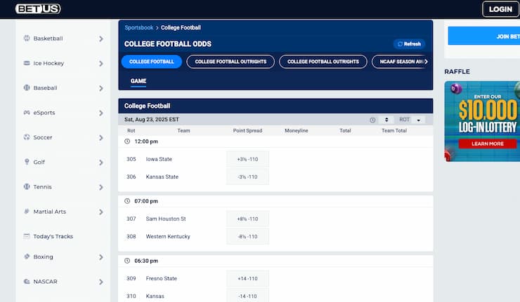 An image of the betting screen from BetUS, a popular online sportsbook for betting on college football.